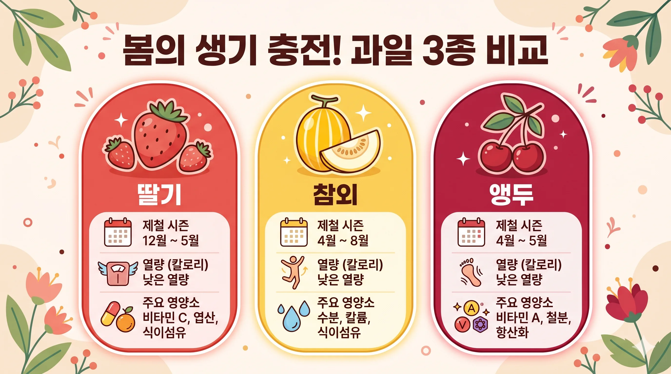 봄 과일 딸기 참외 앵두 비교