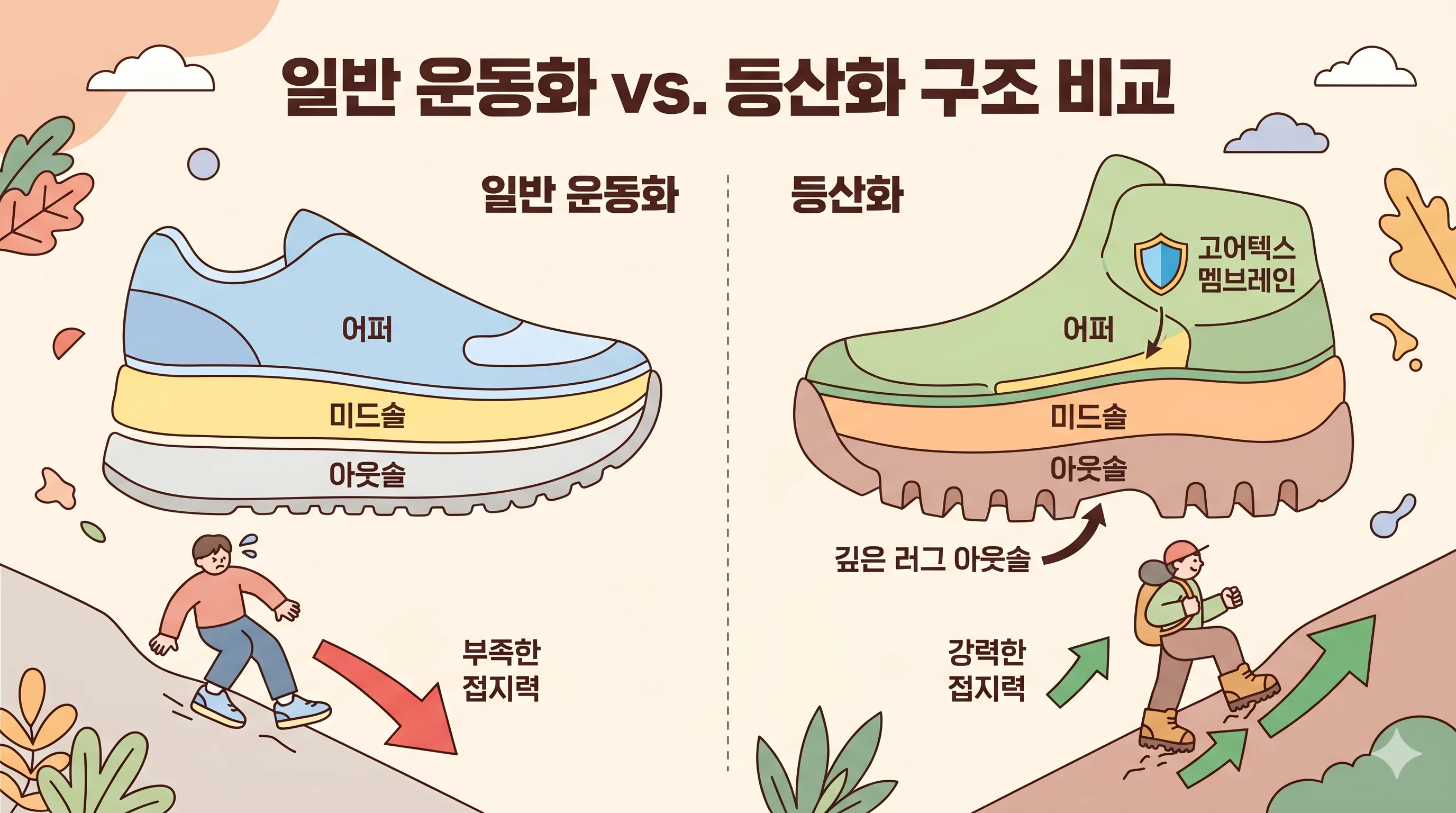 등산화 구조 운동화 비교