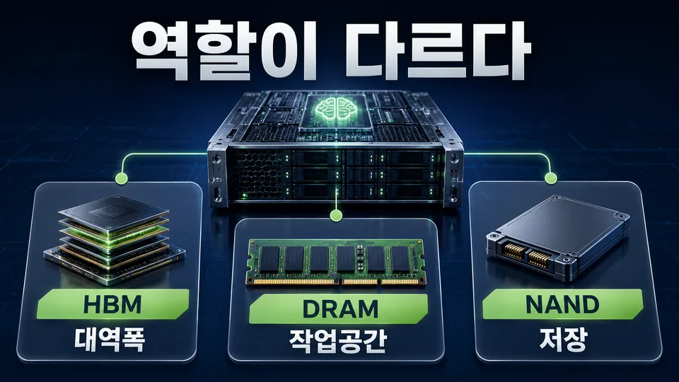 AI 서버에서 HBM은 대역폭, DRAM은 작업공간, NAND는 저장 역할을 맡는다는 비교