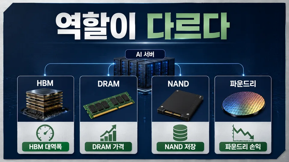 삼성전자 주가 판단에서 HBM DRAM NAND 파운드리의 역할 차이를 비교한 데이터 카드