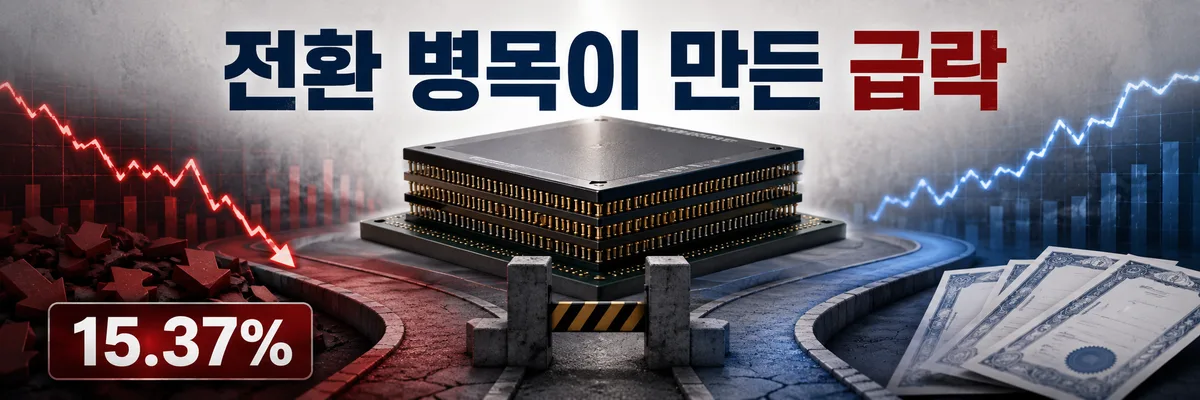 thumbnail 전환이 제한된 국내 주식과 미국 예탁증서의 가격 괴리로 SK하이닉스 주가가 15.37% 급락한 구조를 표현한 배너