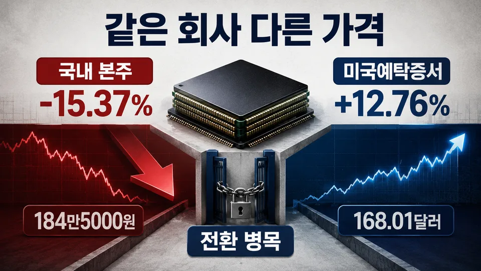 SK하이닉스 국내 본주 하락률과 미국 예탁증서 상승률 및 전환 병목을 비교한 데이터 카드